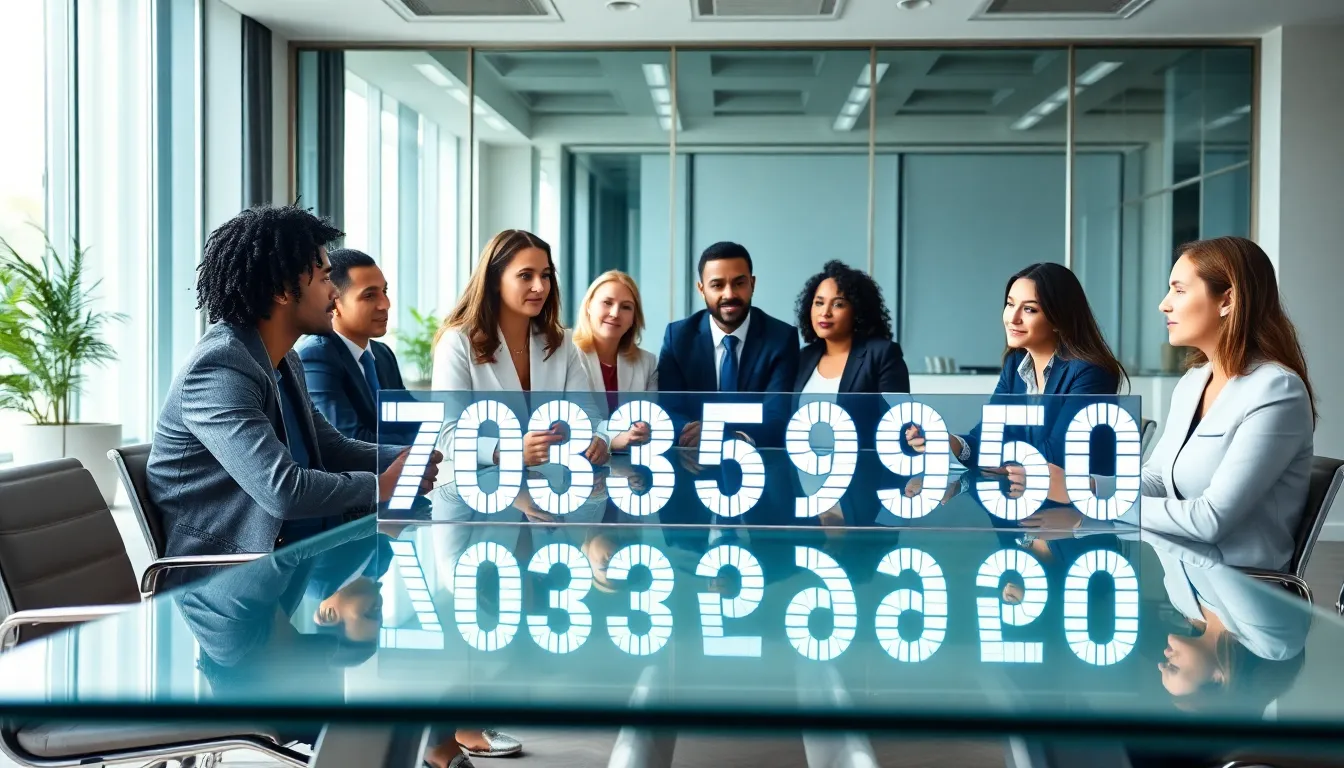 diverse team discussing phone number significance in a modern office.