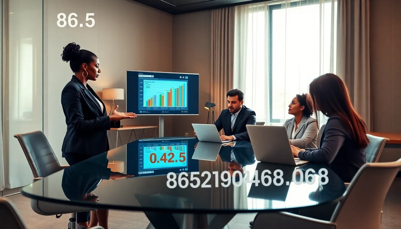 diverse professionals discussing historical significance of a number in an office.