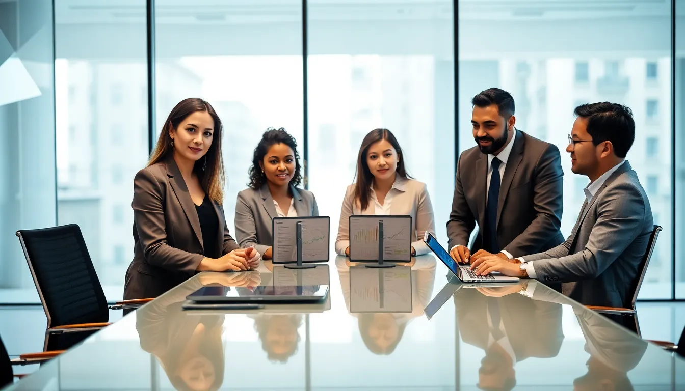 diverse team discussing data management in a modern conference room.