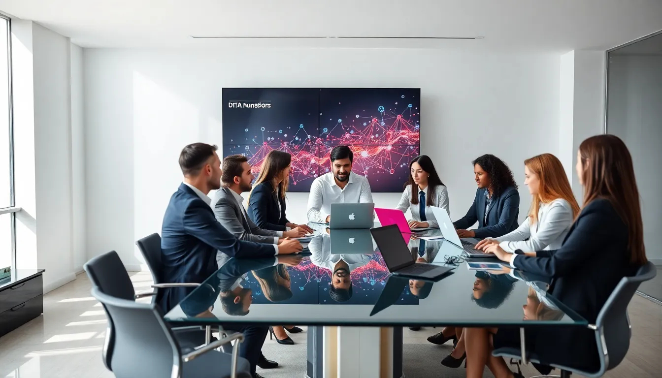 diverse team discussing data in a modern office.